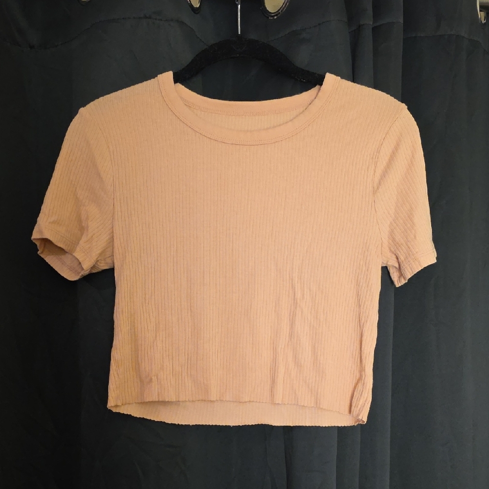 a new day Pinkish-Orange Ribbed Short Sleeve Crop Tee